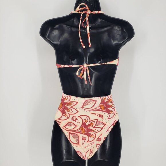 Aerie Boho Floral Print Cut Out Open Back One Piece Swimsuit S  Peach Red - Picture 2 of 10